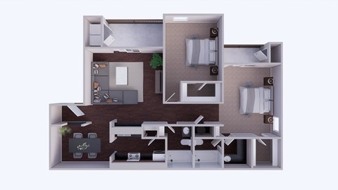 A 3D rendered image of a house layout.